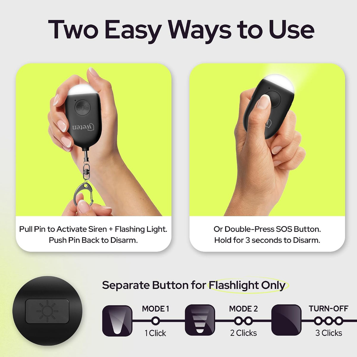 Rechargeable Personal Alarm Keychain for Women, 130dB Siren, Black