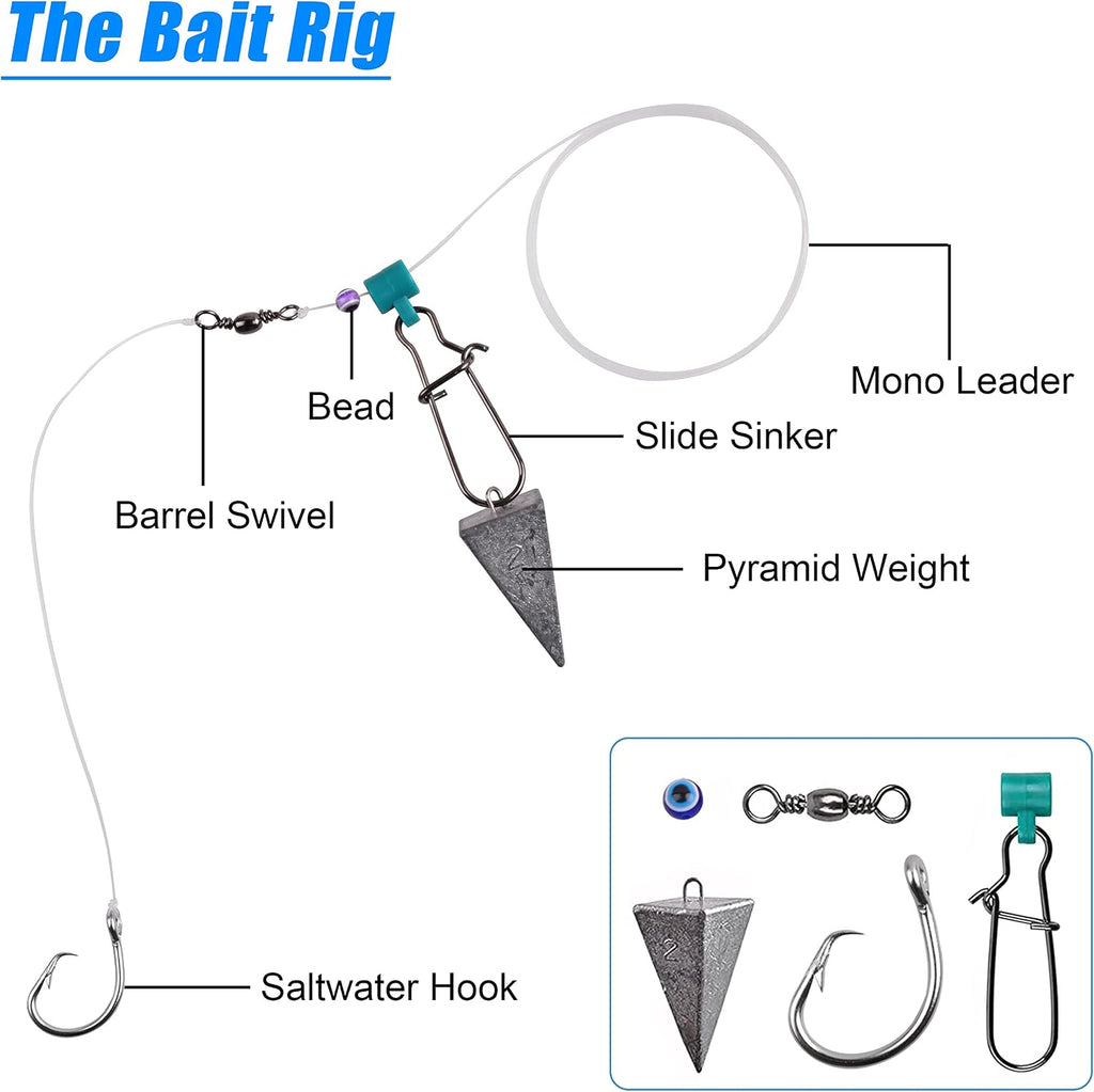 Surf Fishing Tackle Kit, 130pcs Saltwater Surf Fishing Rigs Fish Finder Rig Live Bait Rigs Include Fishing Leaders Pyramid Sinker Weight Sinker Slider Fishing Hooks Swivels Surf Fishing Accessories