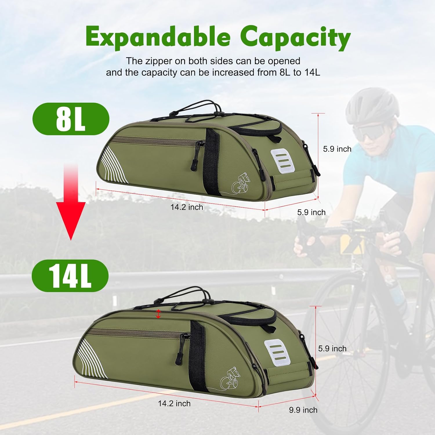 YEEGO DIRECT Bike Rack Bag, 14L Expandable Capacity Bike Bags for Bicycles Rear Rack,Water-resistant Bike Trunk Panniers Reflective Design, Crossbody Shoulder Bag for Commuting Outings(Green)