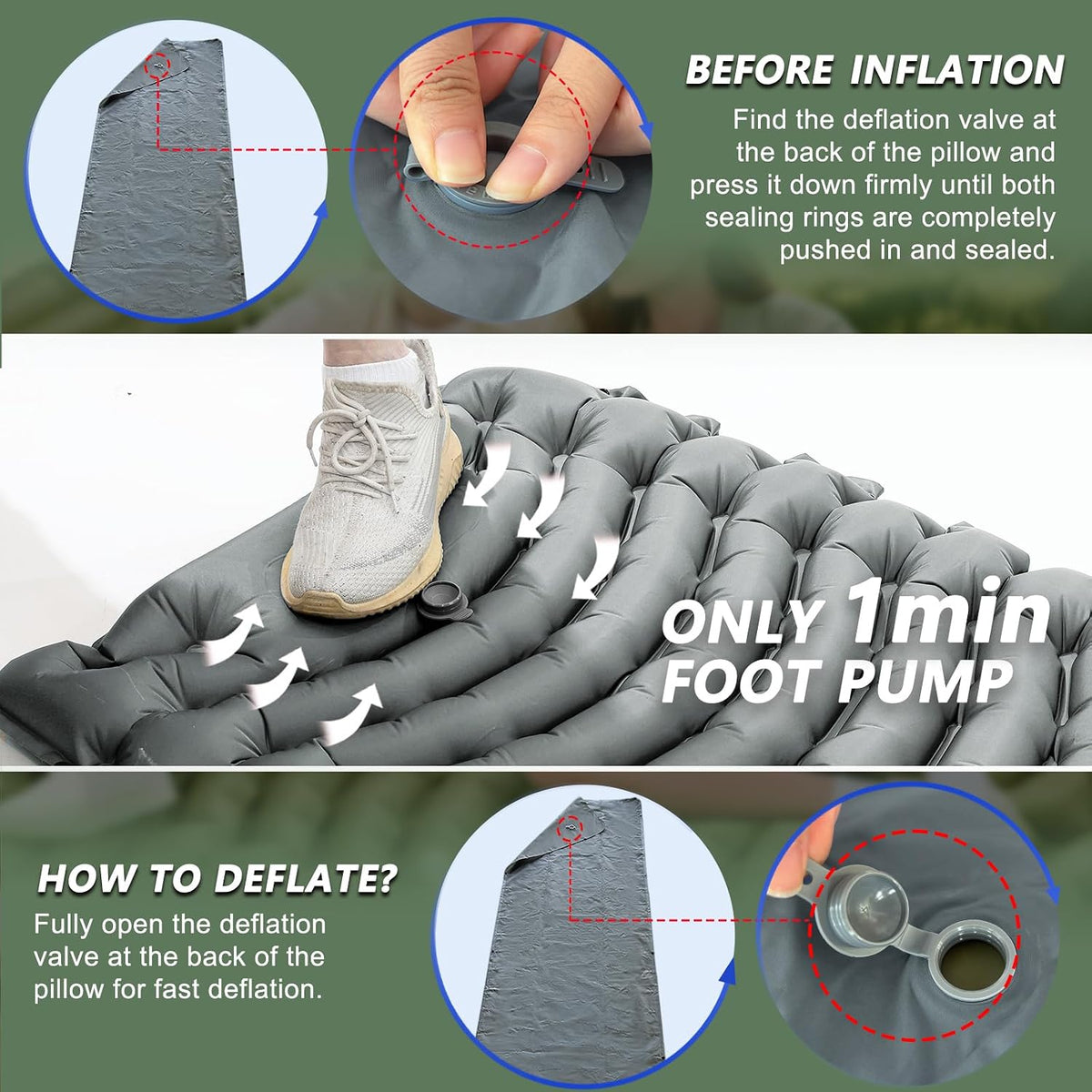 Ultralight Camping Sleeping Pad with Pillow & Built-in Foot Pump