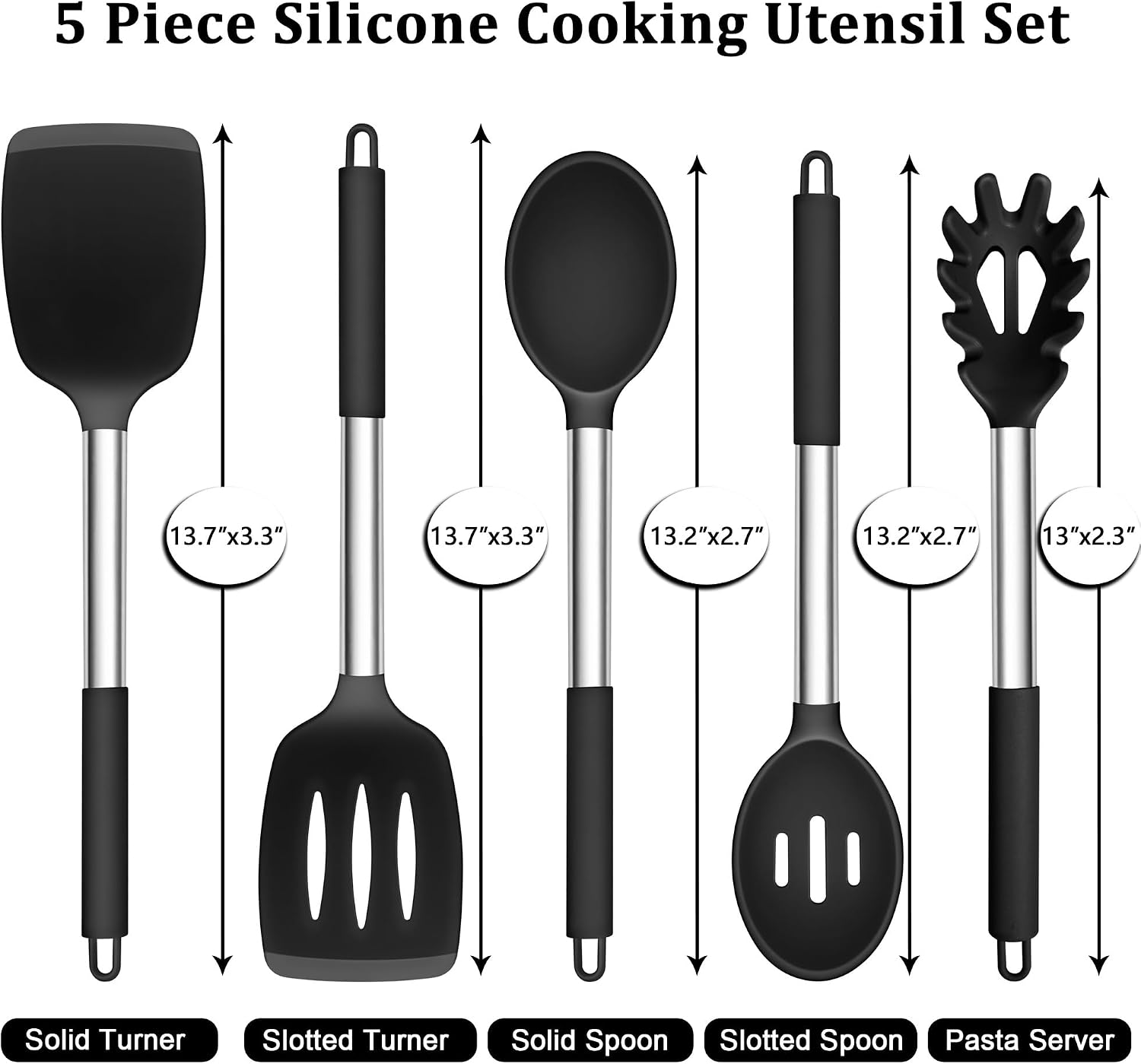TeamFar Cooking Utensils Set, 5 PCS Silicone Kitchen Utensils, Black