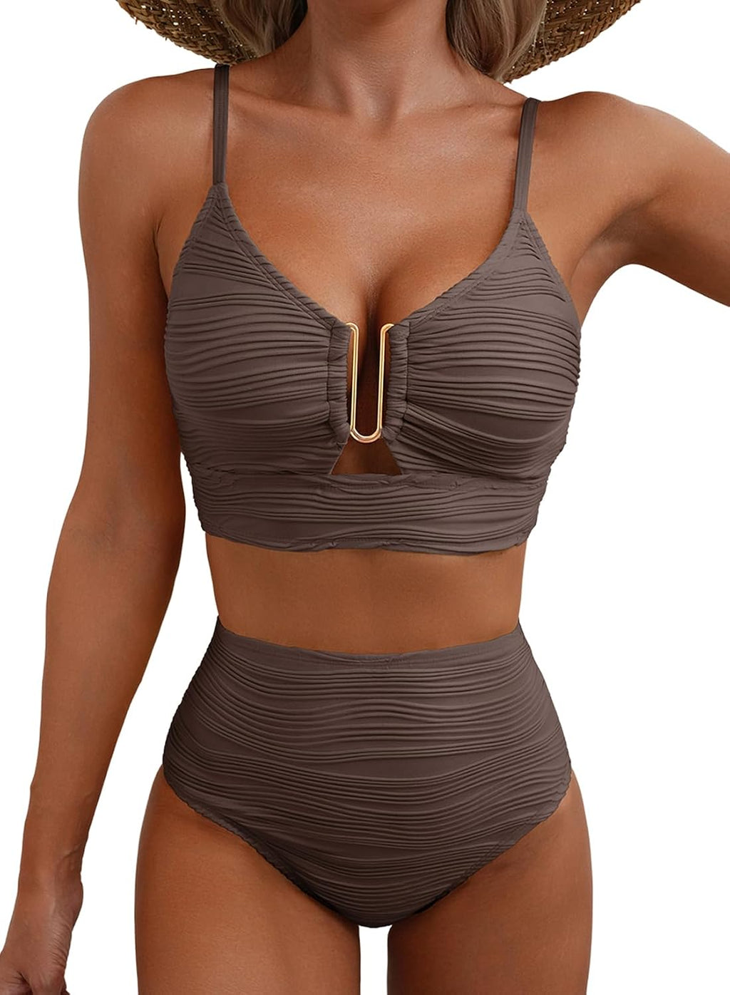 Herseas Women High Waisted U Wired Texured 2 Piece Bikini Sets