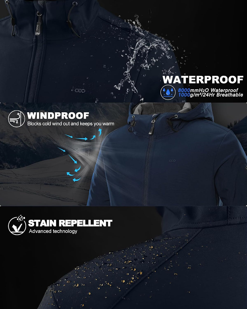 33,000ft Men's Hooded Fleece Lined Rain Shell Jacket Waterproof Lightweight