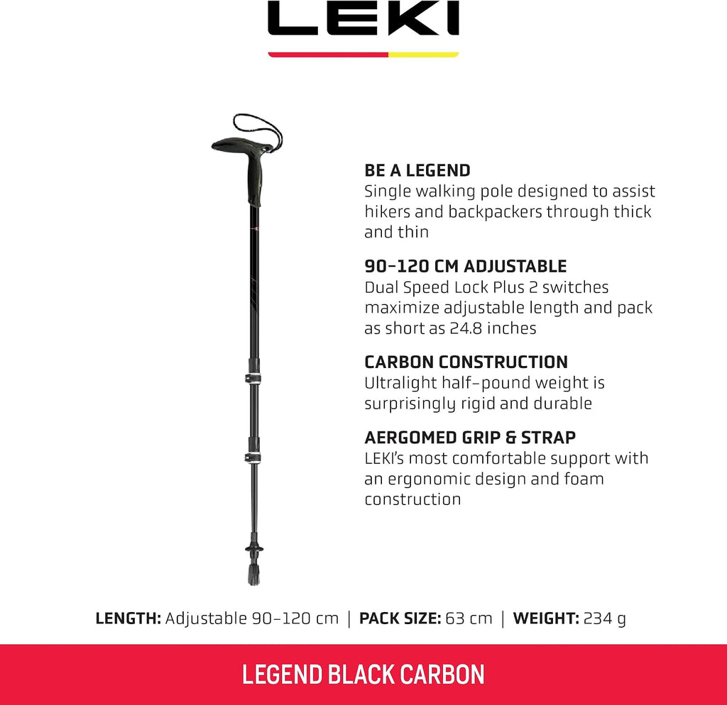 LEKI Legend Black Carbon Trekking Pole (Single) | Adjustable, Lightweight Hiking Stick