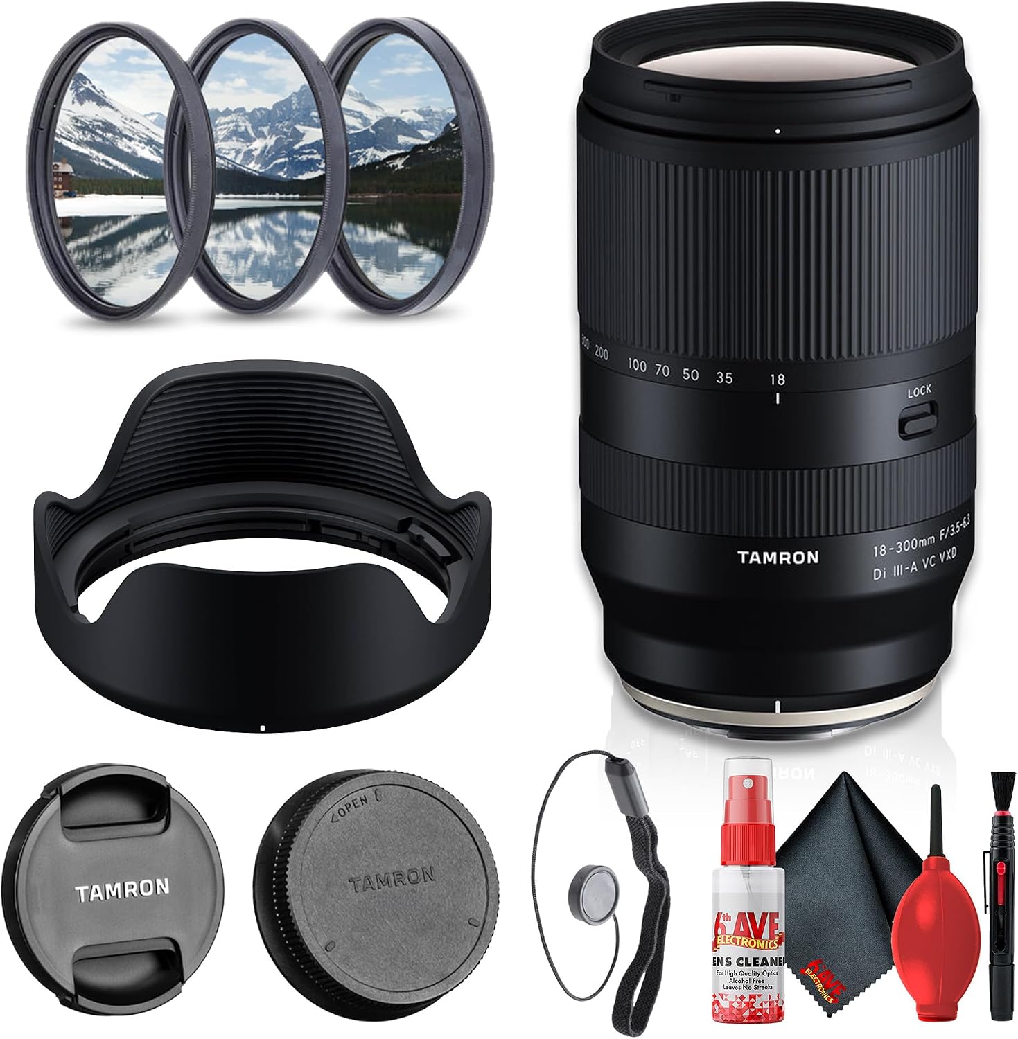 Tamron 18-300mm F3.5-6.3 Di III-A VC VXD All-in-One Zoom Lens for Sony E APS-C Mirrorless Cameras, Image Stabilization, Fast Autofocus for Travel + Lens Filter Kit + Cap Keeper (4pc Bundle)