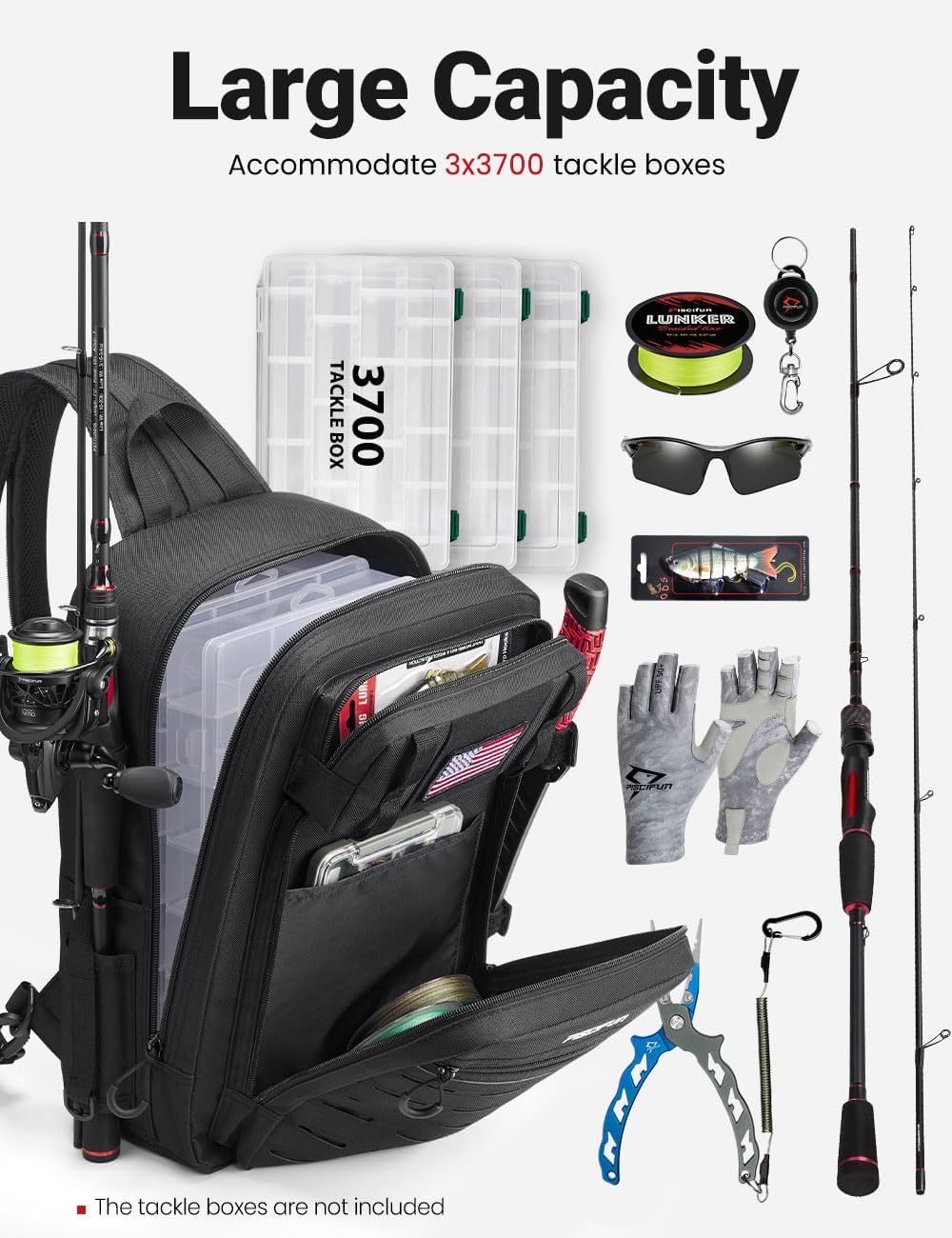 Piscifun Fishing Backpack Tackle Bag with 2 Rod Holders, Multi-Compartment Storage, MOLLE System, Water-Resistant Lightweight Outdoor Pack,Double Shoulder Khaki Large