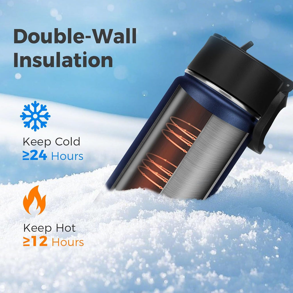 Neihepal 22 oz Insulated Water Bottle with Straw Lid, Double Walled Vacuum Stainless Steel Water Bottles Leak Proof, Wide Mouth (Navy,1 Pack)