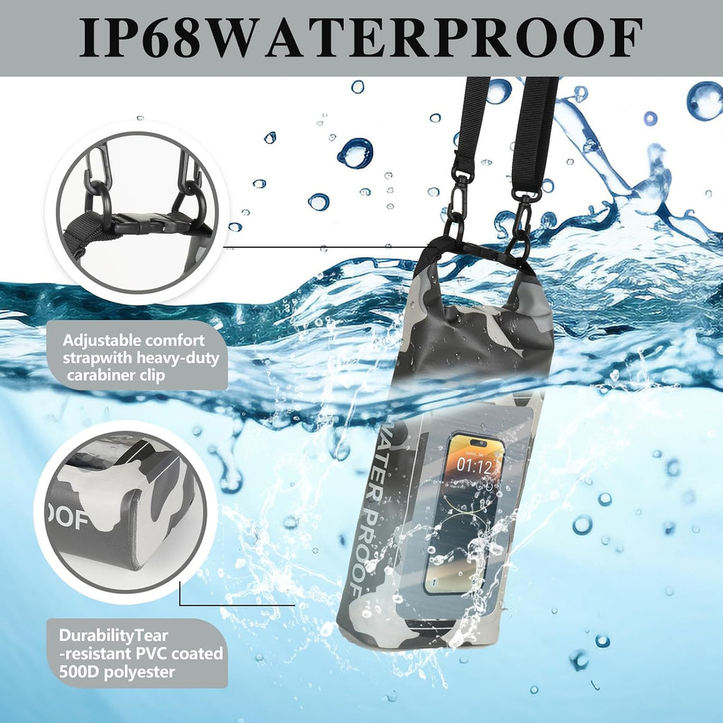 IP68 Waterproof Dry Bag, 2L - Roll Top Waterproof Pool Bag，Dry Bags for Kayaking Waterproof-w/Phone Pouch,Large Waterproof Phone Pouch,Boating & Kayak Accessories Camping (Gray 2L)