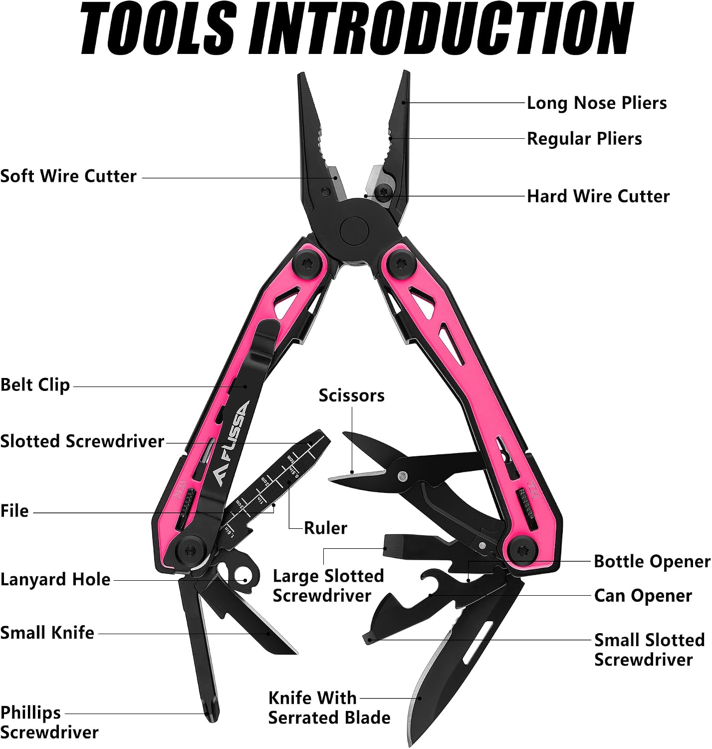 FLISSA 16-In-1 Multi-Tool Pliers, EDC Multitool, Multipurpose Tool, Pink