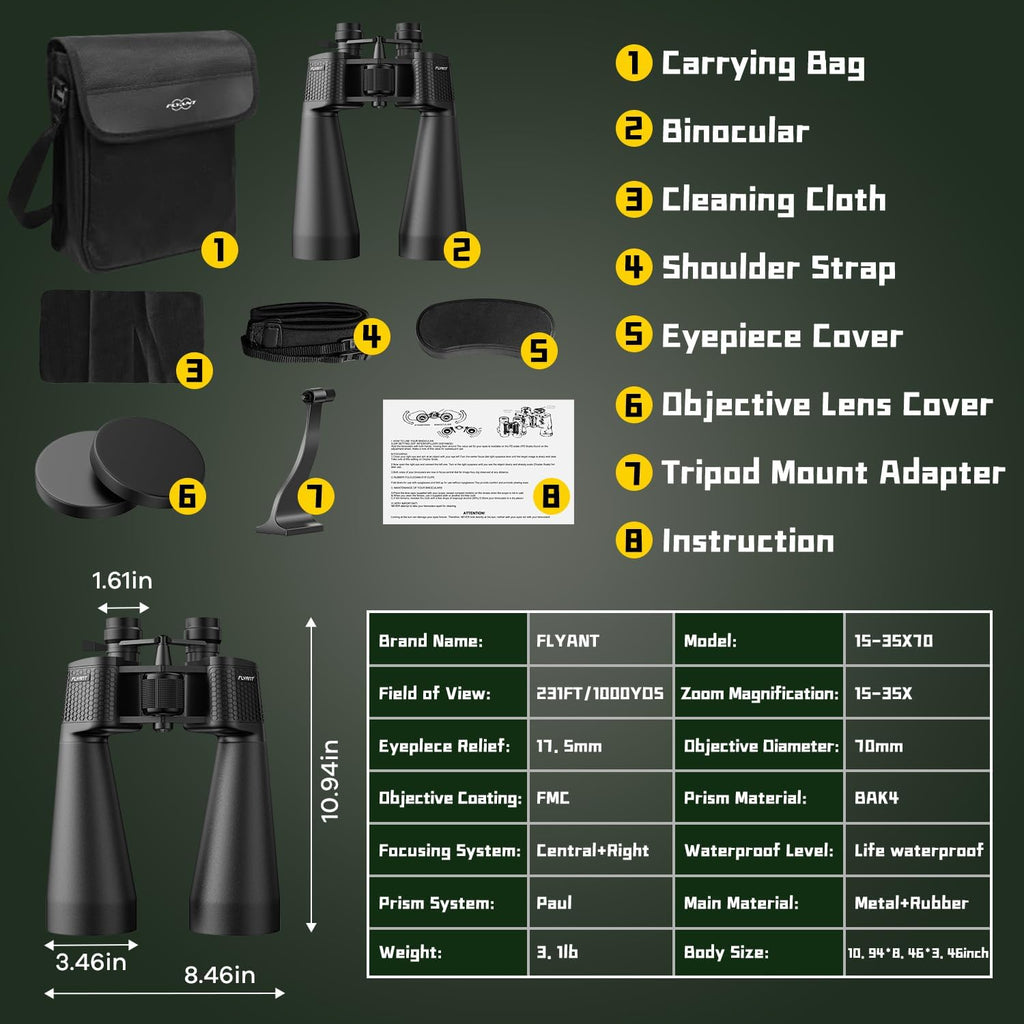 15-35x70 Binoculars for Adults High Powered, 35x HD Zoom for Stargazing & Bird Watching, Waterproof Binocular with Tripod Adapter, Ideal Essentials for Cruise Ship, Travel, Camping, Outdoor, Hunting
