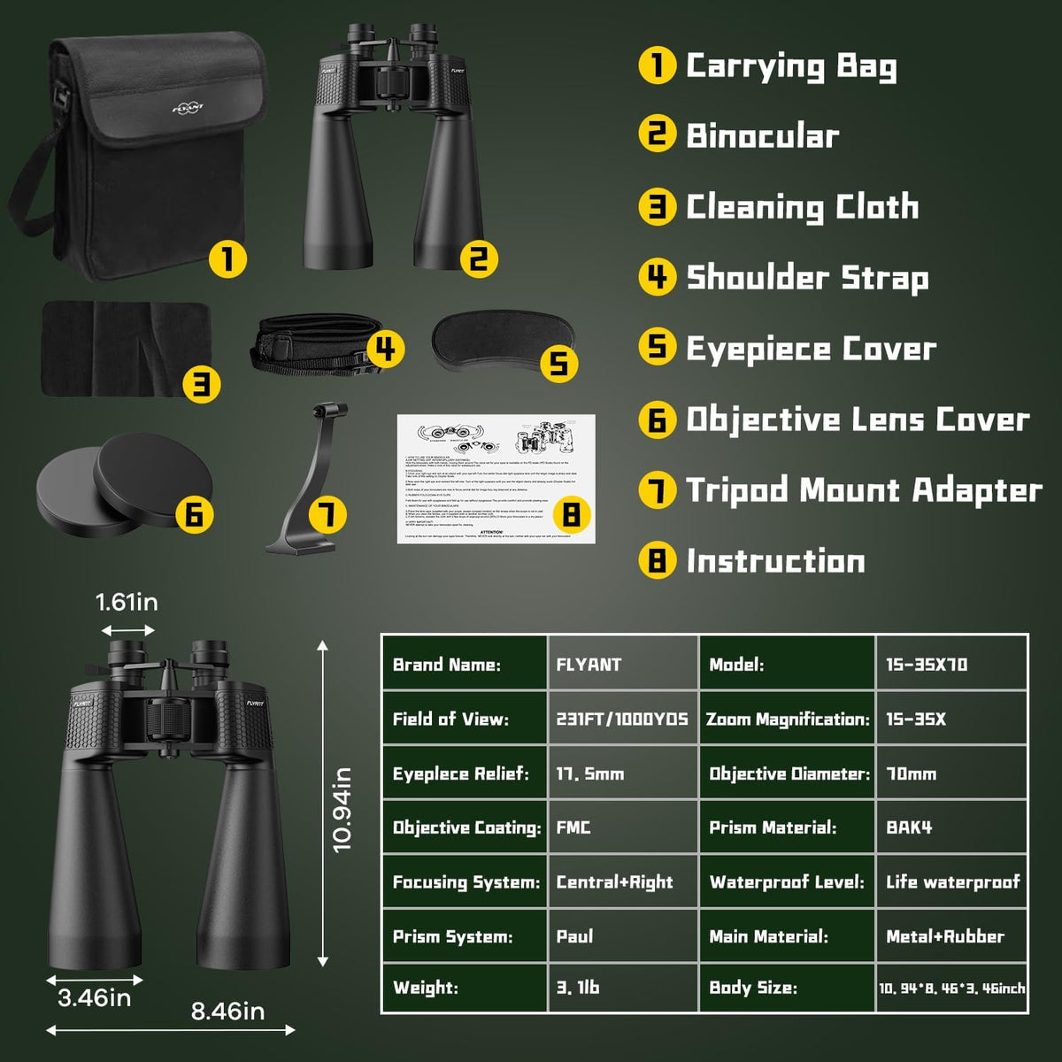 15-35x70 Binoculars for Adults High Powered, 35x HD Zoom for Stargazing & Bird Watching, Waterproof Binocular with Tripod Adapter, Ideal Essentials for Cruise Ship, Travel, Camping, Outdoor, Hunting