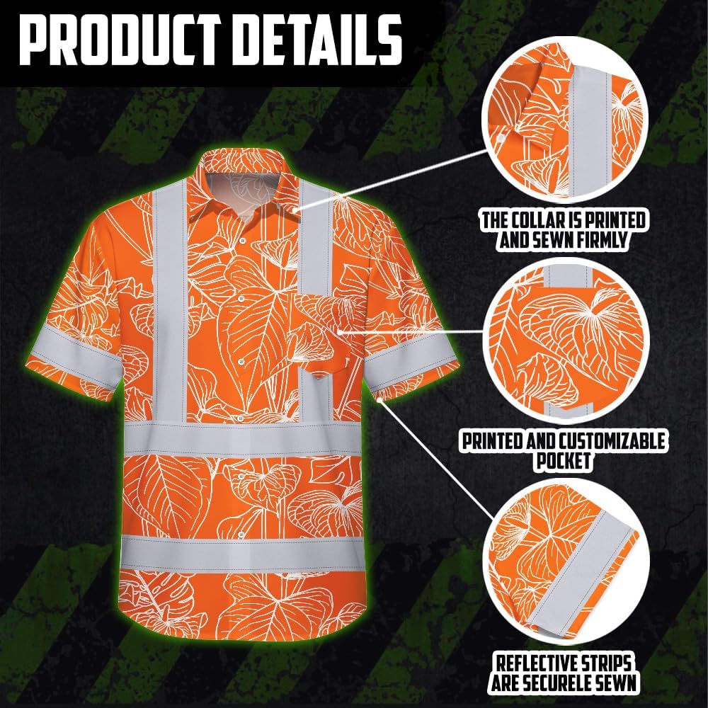High Visibility Hawaiian Shirt for Men Tropical Shirts Custom Name Floral Outfit Reflective Safety Workwear