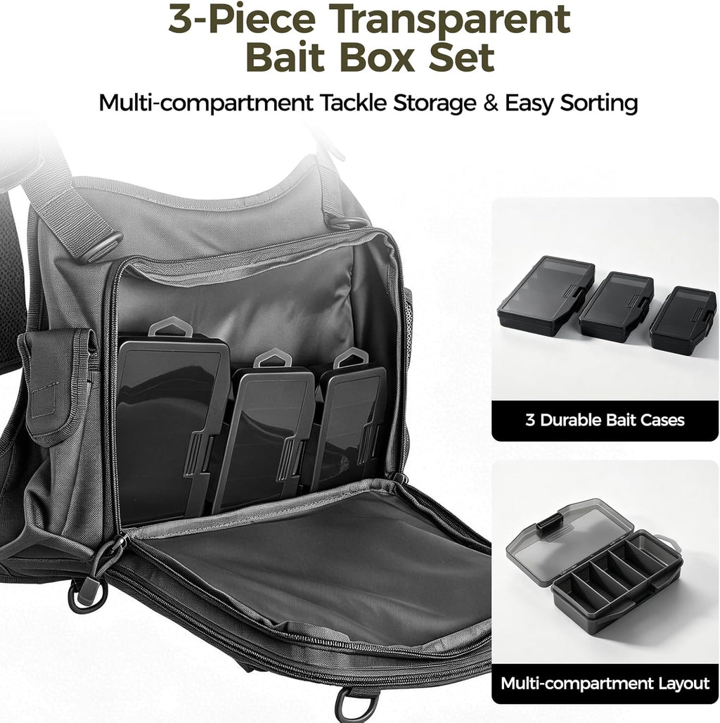 Fishing Chest Pack with 3 Bait Boxes, Fly Fishing Tackle Bag & Work Station