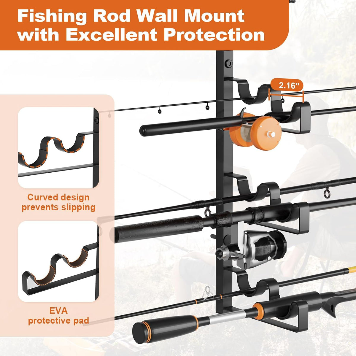 Olakee Wall Mount Fishing Rod Holder for Garage, Holds 6 Pole Rack
