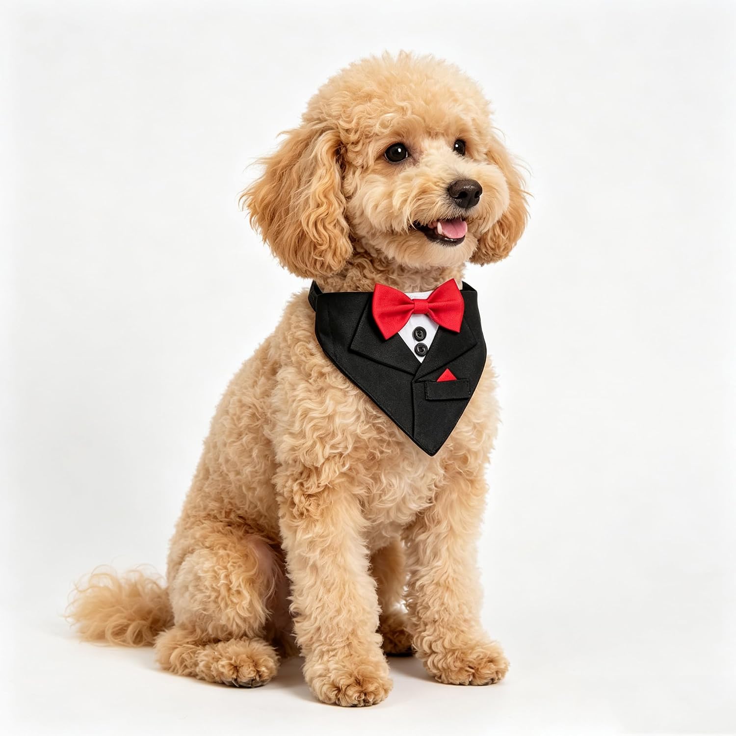 Popular Pet Party Suit Tuxedo Collar, Black Triangle Scarf with Red Bowtie, Handsome Dog Wedding Engagement Bow Tie Bandana (L)