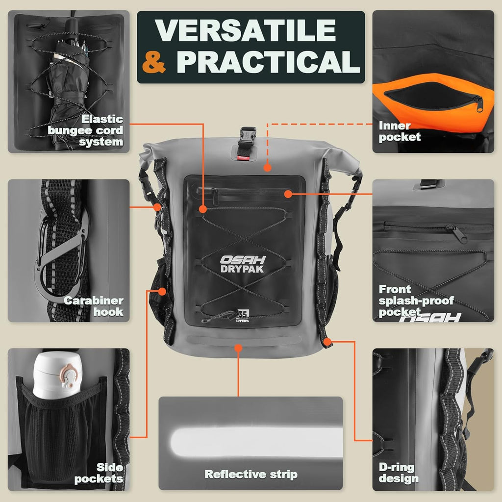 OSAH DRYPAK Waterproof Backpack Dry Bag 25L/35L/55L/85L – Heavy Duty Roll-Top Hiking Backpack Sack Keeps Gear Dry for Travel, Kayaking, Boating, Camping, Rafting and Fishing