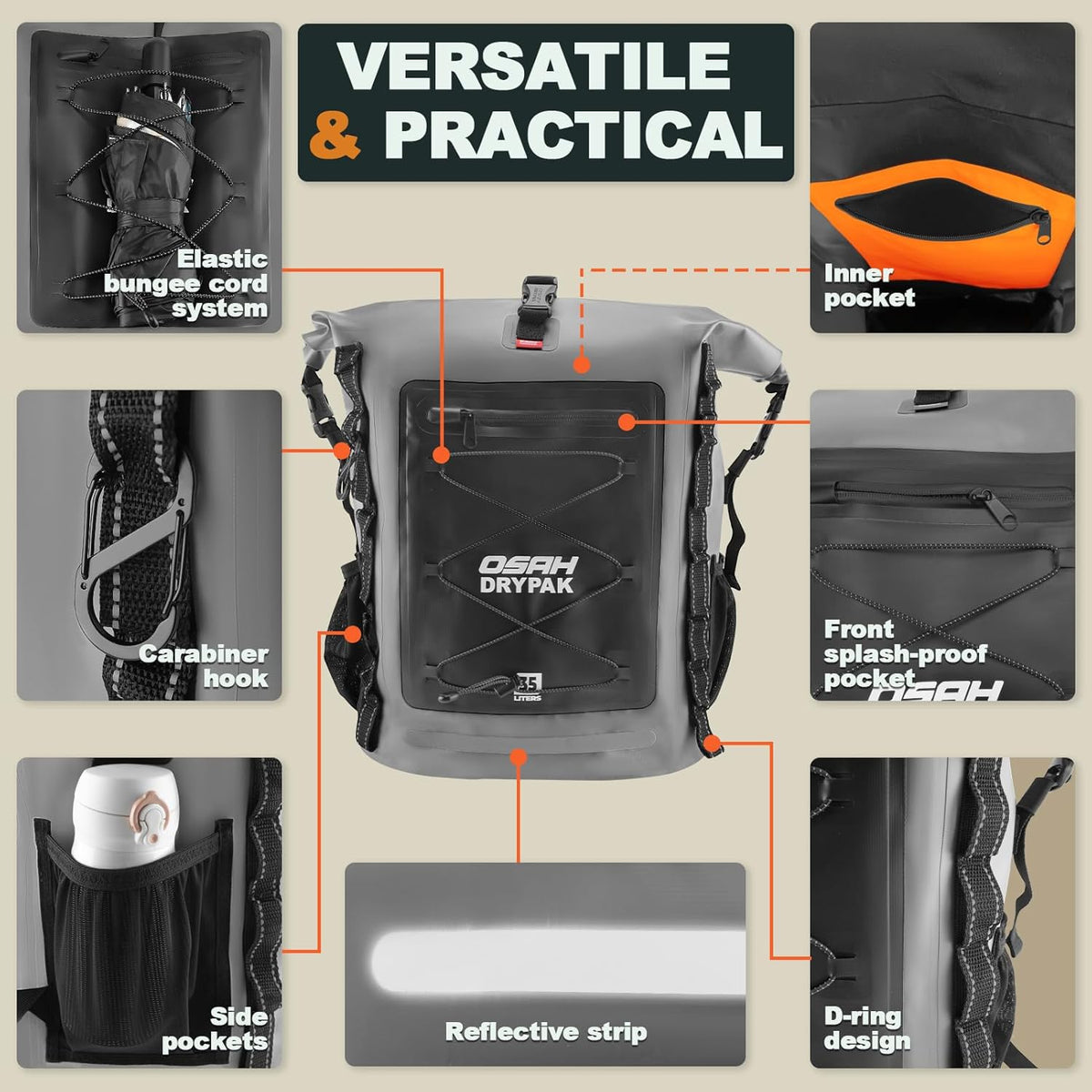 OSAH DRYPAK Waterproof Backpack Dry Bag 25L/35L/55L/85L – Heavy Duty Roll-Top Hiking Backpack Sack Keeps Gear Dry for Travel, Kayaking, Boating, Camping, Rafting and Fishing