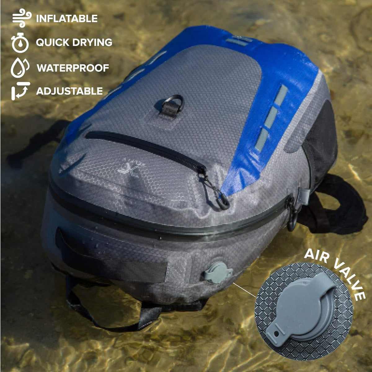 Xelfly Submersipack Waterproof Backpack - Submersible, Inflatable, Floating TPU Coated Durable Nylon Dry Bag with Airtight Zipper for Kayak, Fishing, Boating, Hiking, Paddle Board (Deep Blue, 25L)