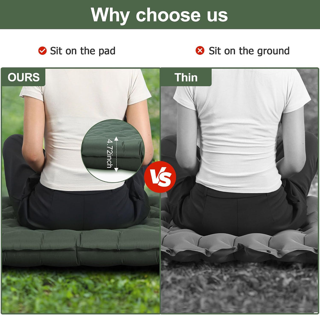 Toncoke Sleeping Pad, 4.7" Extra-Thick & Ultralight Inflatable Camping Mat with Pillow, Built-in Foot Pump, Compact for Backpacking, Camping, Hiking, Travel —Military Green