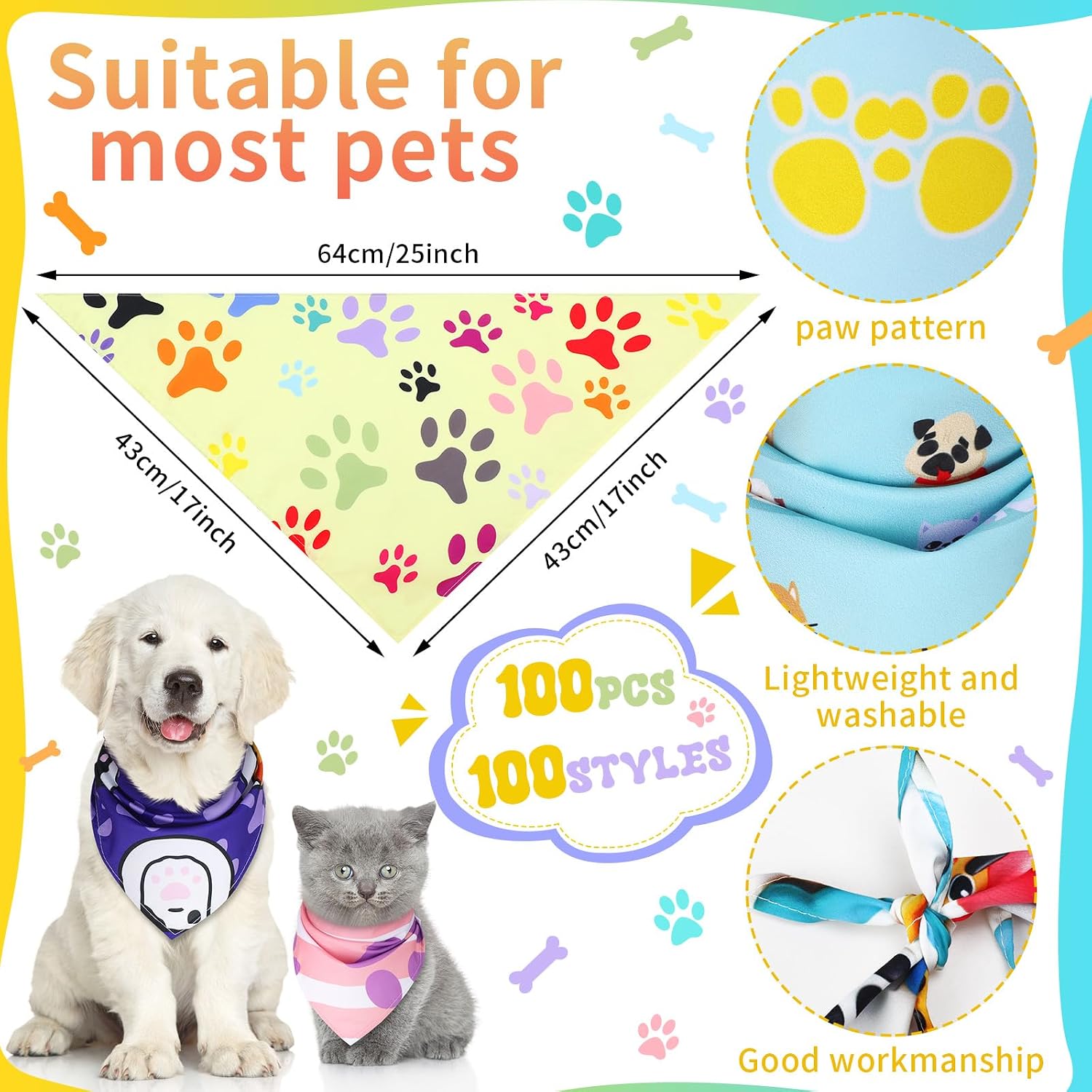 Huhumy 100 Pcs Paw Dog Bandanas Bulk Pet Paw Grooming Bandanas for Dogs