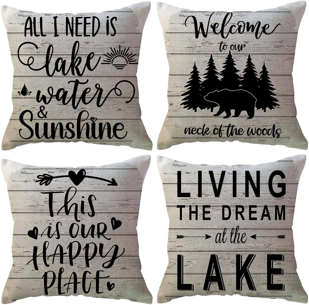 Lake Camper Throw Pillow Covers 18 x 18 Inch This is Our Happy Place Quote Cushion Covers Bear Woods Sunshine Camping/Cabin Farmhouse Rustic Decorative Pillowcases 4Pack for Sofa Couch Porch