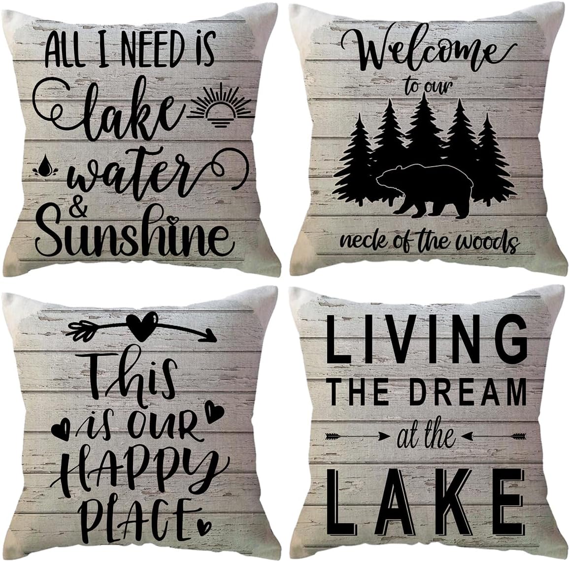 Lake Camper Throw Pillow Covers 18 x 18 Inch This is Our Happy Place Quote Cushion Covers Bear Woods Sunshine Camping/Cabin Farmhouse Rustic Decorative Pillowcases 4Pack for Sofa Couch Porch