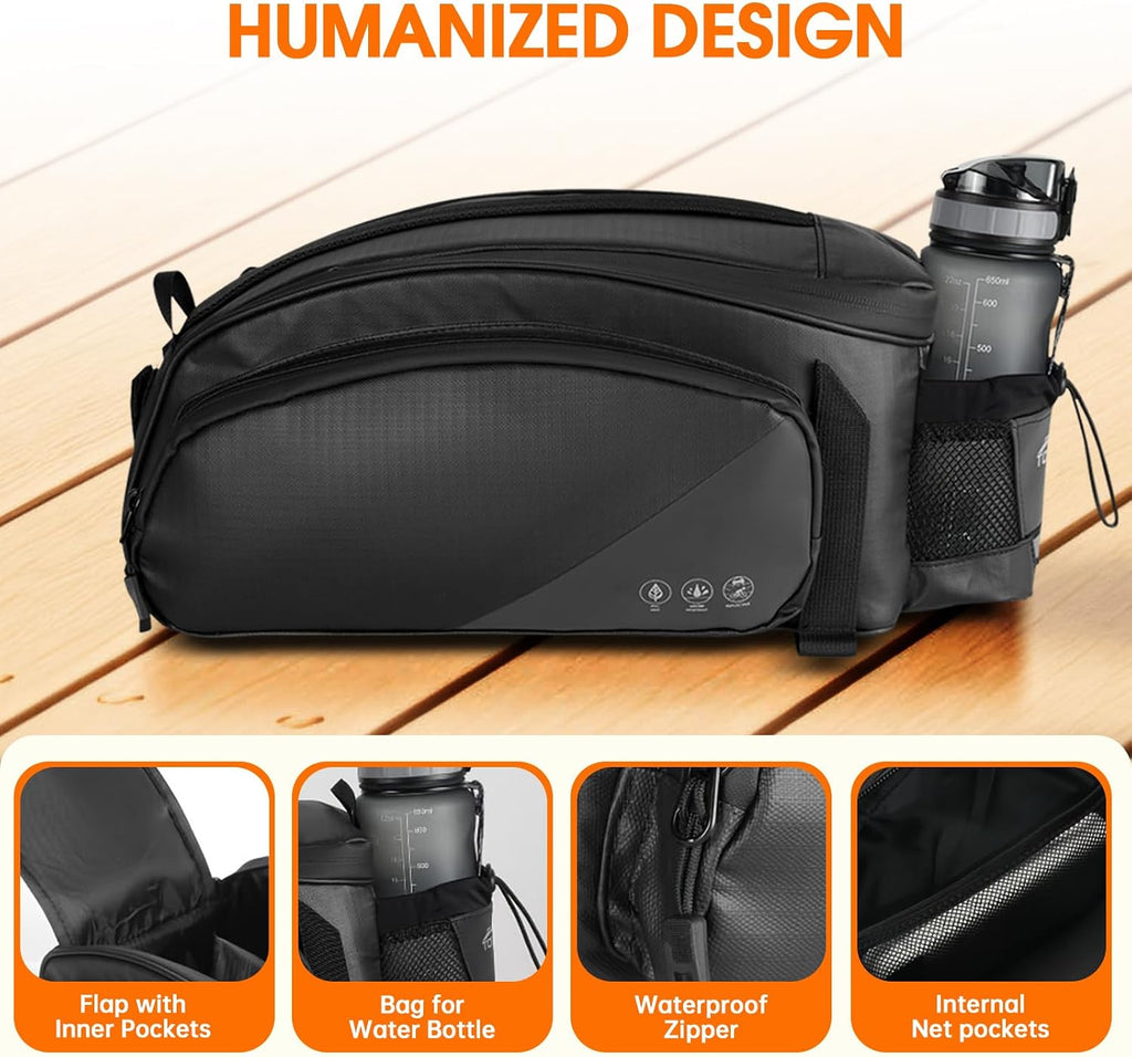 Bike Rack Bag,12L Bike Trunk Bag ,Rear bike rack bag, Multi Pockets Cycling Storage Bag with Water Bottle Holder , Bike Bags for bicycle Rack with Reflective Area & Shoulder Strap for Cycling Trips.