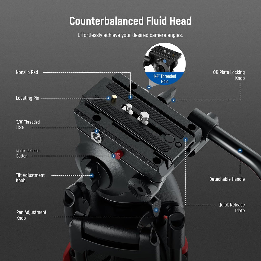 NEEWER Basics 74" Video Tripod with Fluid Head, Metal Camera Stand, TP37