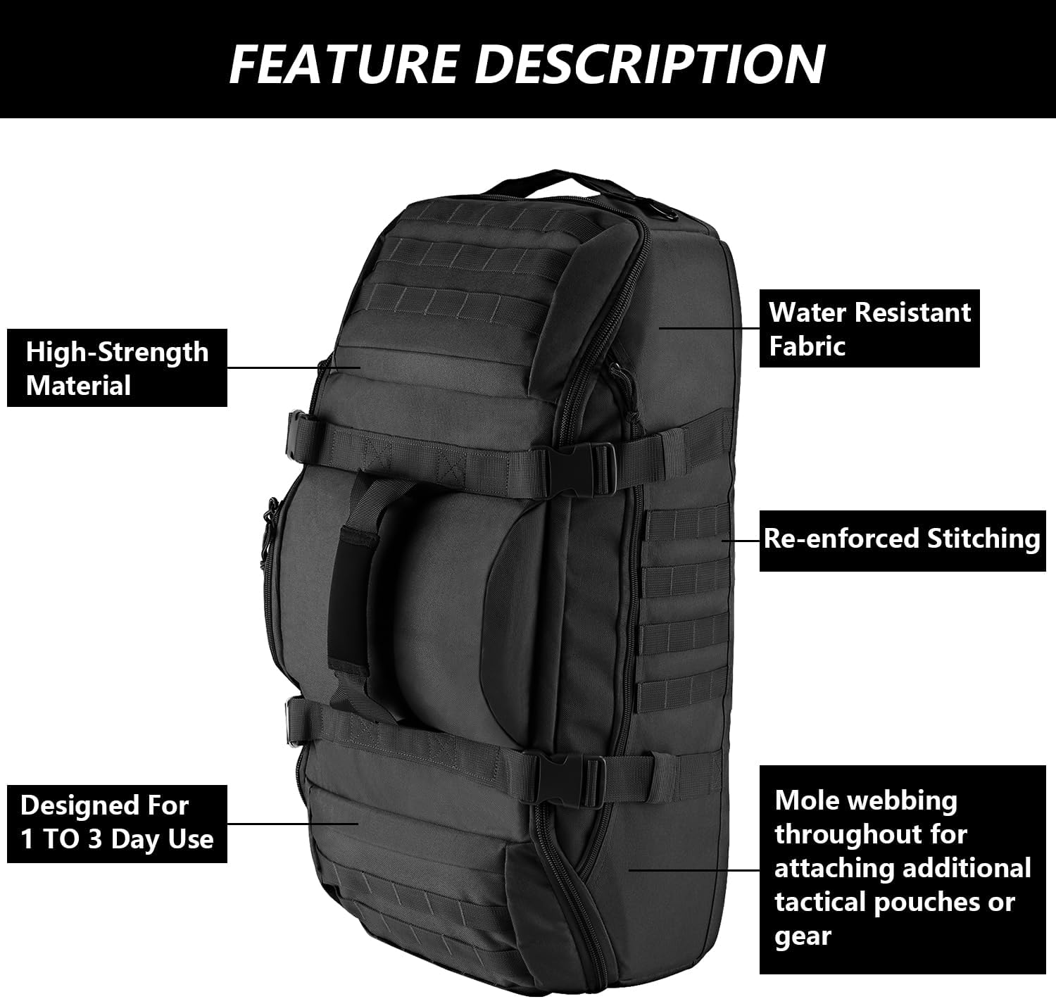 Hannibal Tactical 65L Large Duffle Bag, 3-in-1 Tactical Backpack MOLLE Pack for Sports, Gym, Outdoor, Black