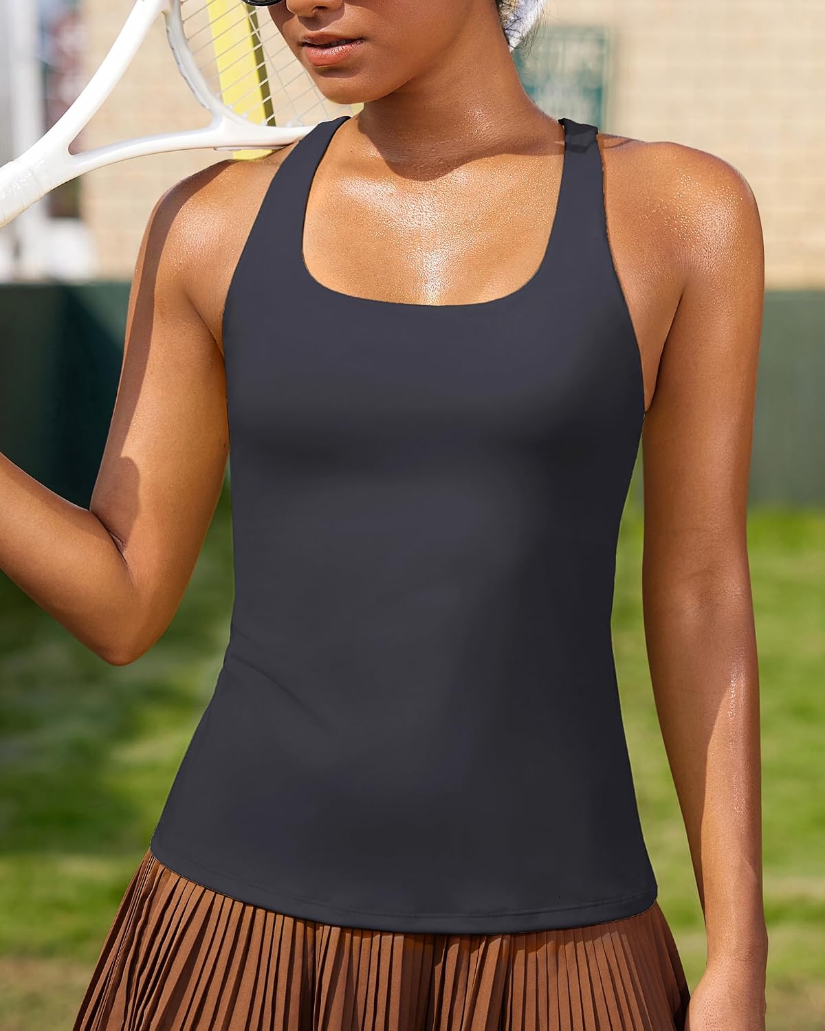 RUNNING GIRL Workout Tops for Women,Strappy Back Black Top with Built in Bras Camisole Yoga Crop Tank Tops Padded