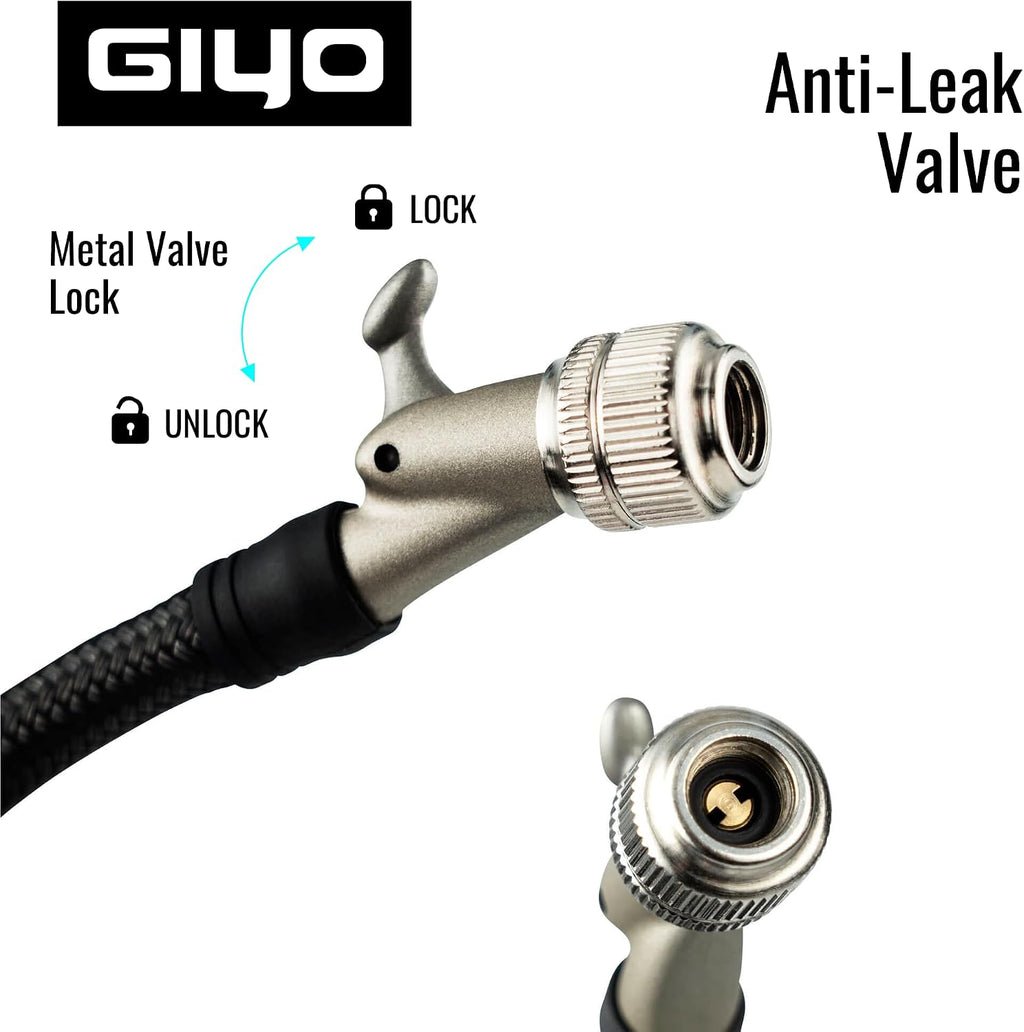 GIYO Digital Shock Pump 600 PSI – Turbo-Assist for Easy Inflation, Micro Air-Bleeder, Robust Aluminum Barrel, Comfort Grip & Braided Hose, Ideal for Fork & Rear Suspension GS-52L
