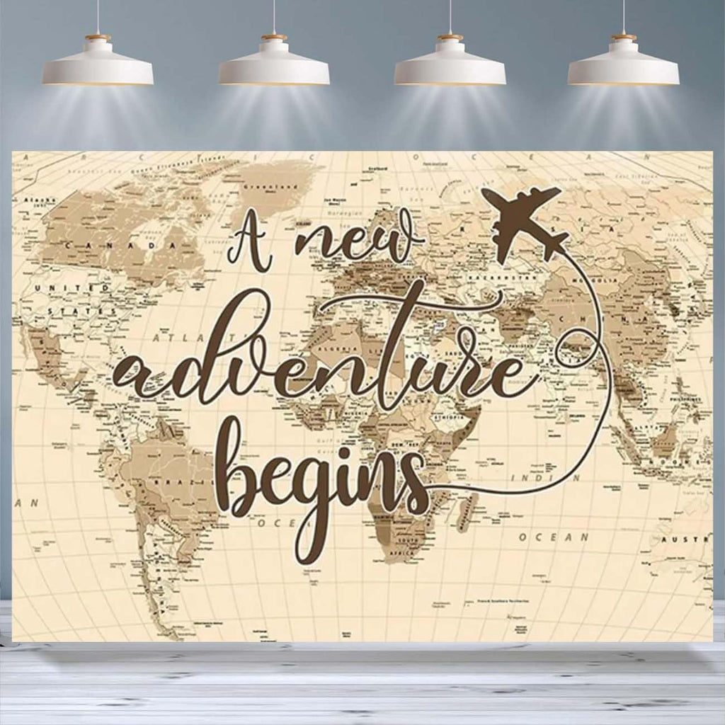 A New Adventure Begins Travel Backdrop Vintage World Map Around World Airplane Birthday Bridal Shower Photography Backdrops Newborn Baby Shower Birthday Party Decoration (7x5feet)