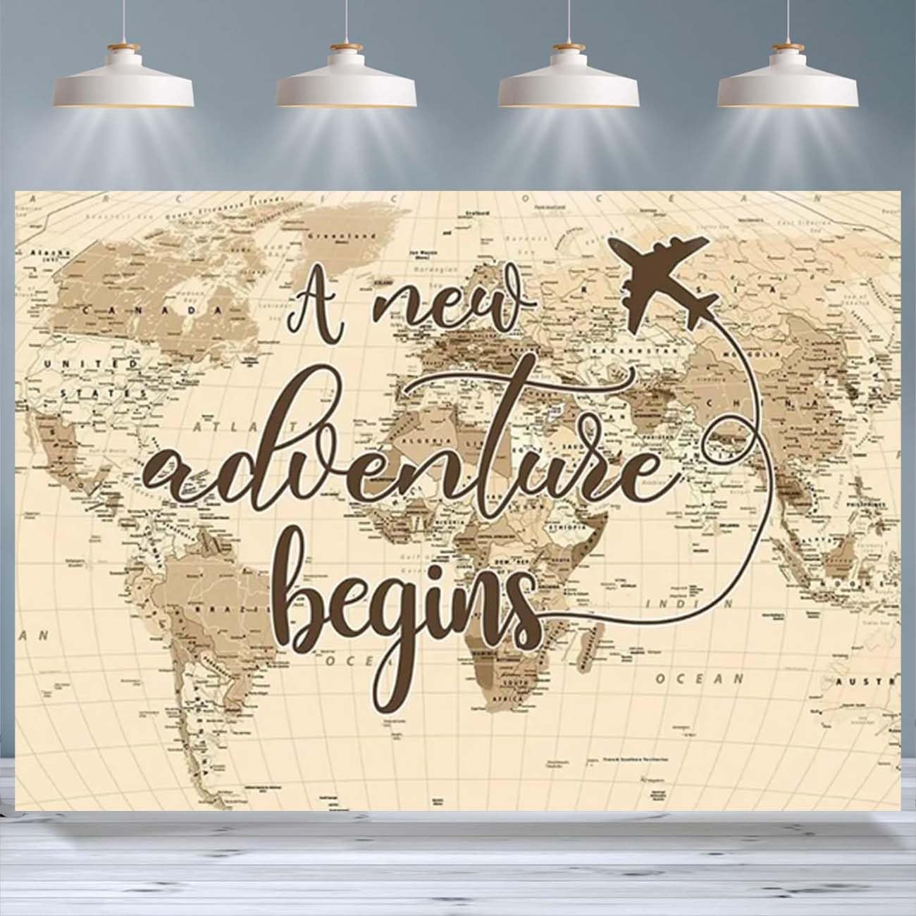 A New Adventure Begins Travel Backdrop Vintage World Map Around World Airplane Birthday Bridal Shower Photography Backdrops Newborn Baby Shower Birthday Party Decoration (7x5feet)