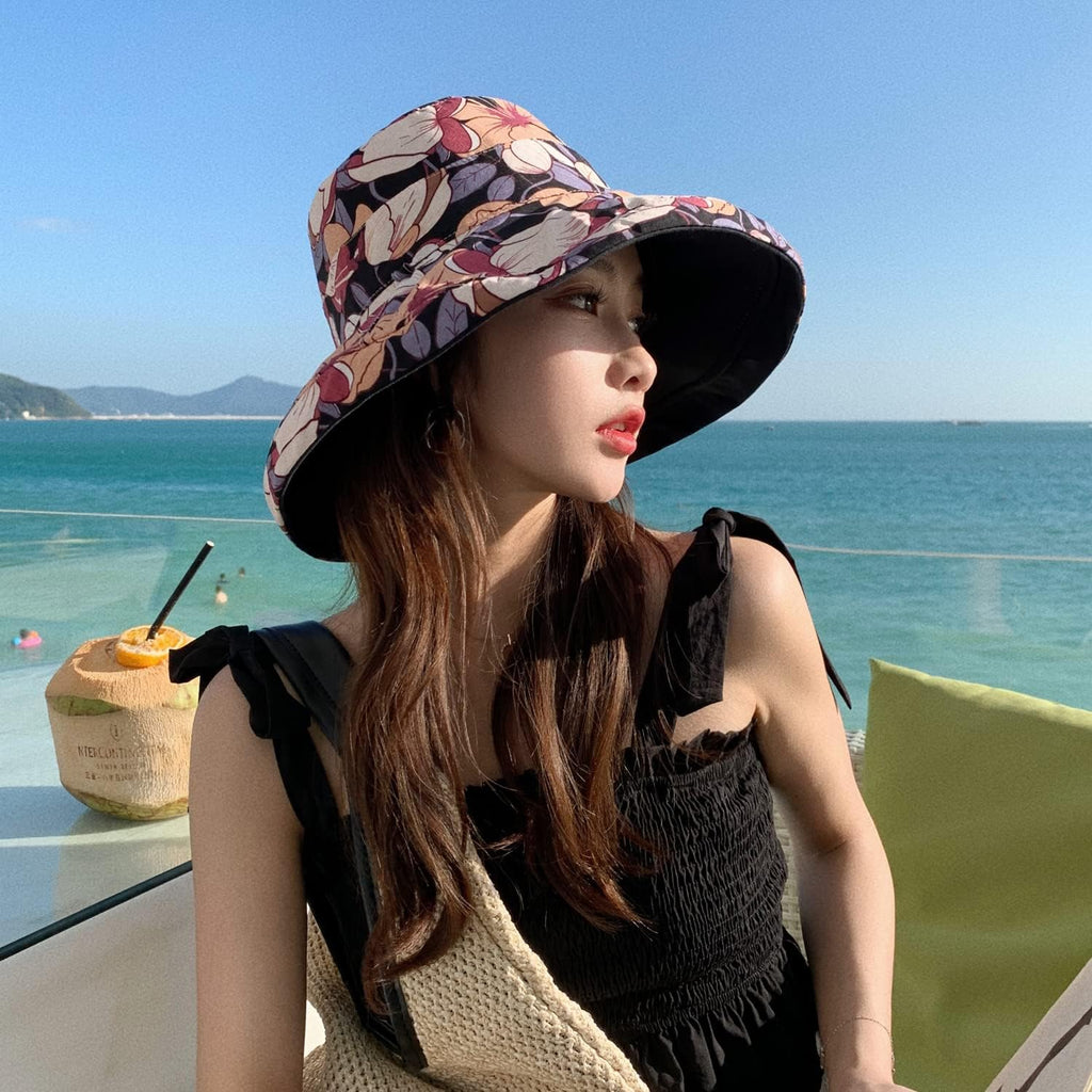 HUAMULAN Wide Brim Women Summer Sun Floppy Hat Reversible Beach Bucket Hat
