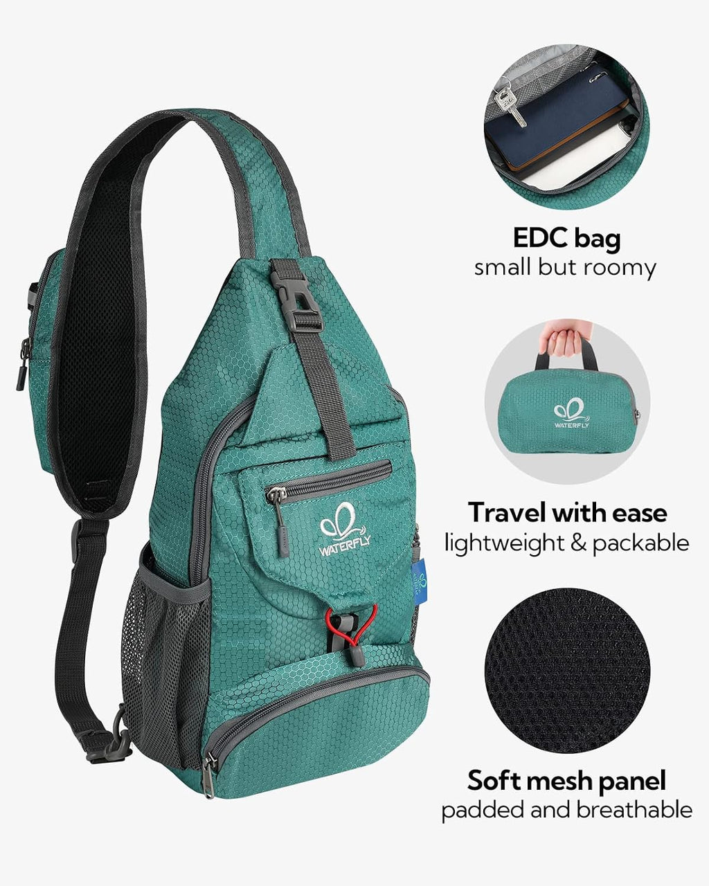 WATERFLY Packable Sling Backpack Lightweight Crossbody Bag Travel Daypack