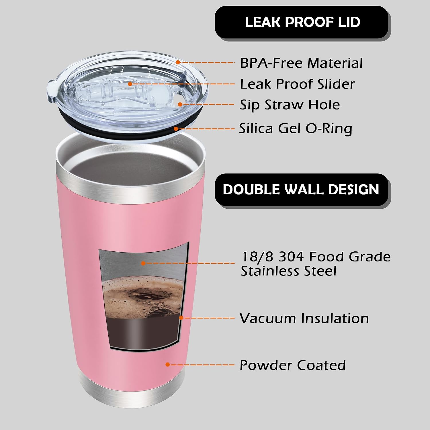 AIANJI 20oz Tumbler with Lid Stainless Steel Tumblers Insulated Mug Pink 6P