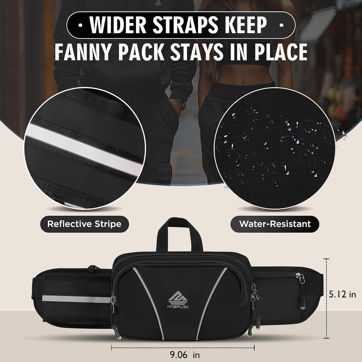 Fanny Pack for Men Women Waist Bag with Water Bottle Holder for Hiking, Travel,Dog Walking, Workout (Black)