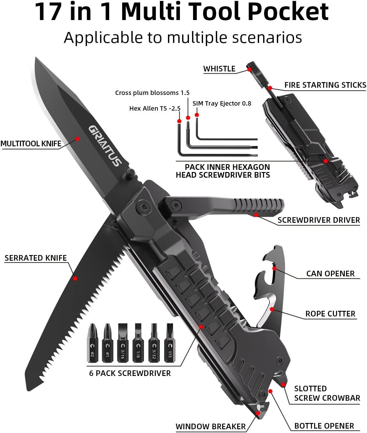 17 in 1 Multitool Knife Fire Starting Stick Bottle Opener Saw for Camping