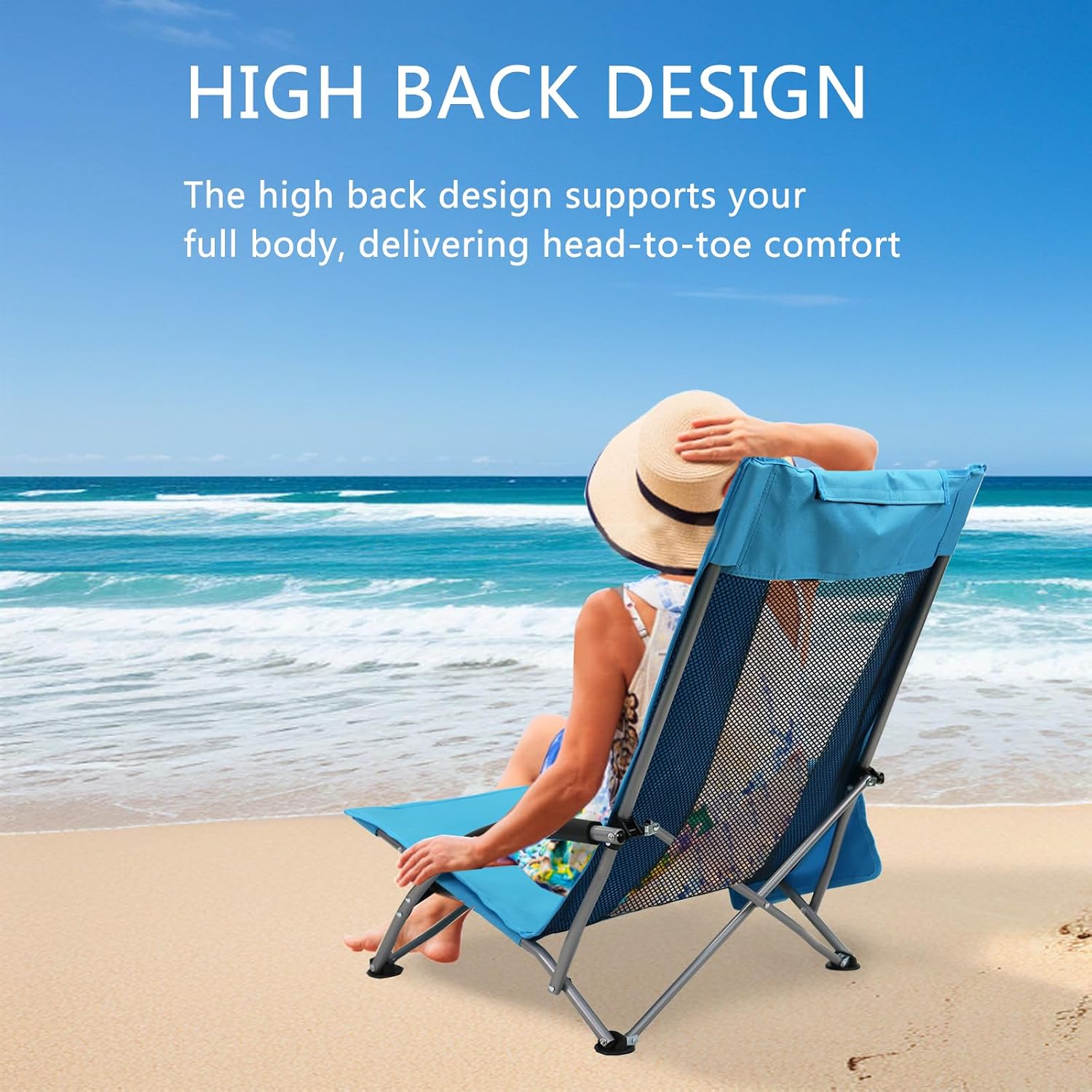 High Back Beach Chairs,2Pack Protable Folding Chair for Adults,Foding Camping Chairs with Carry Bag Cup Holder for Beach,Fishing Outside（Bue）