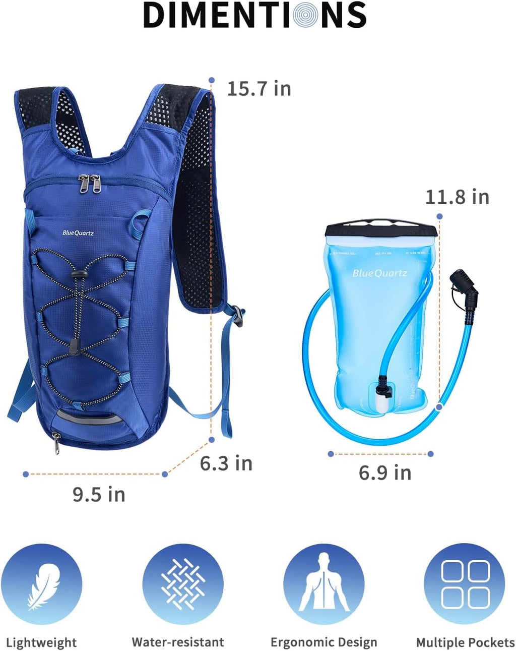 Blue Quartz Hydration Backpack with 2L Water Bladder, Hiking Water Pack with Insulated Compartment for Women Men, Lightweight Cycling Daypack with Phone Pocket, Hydration Pack for Running,Biking