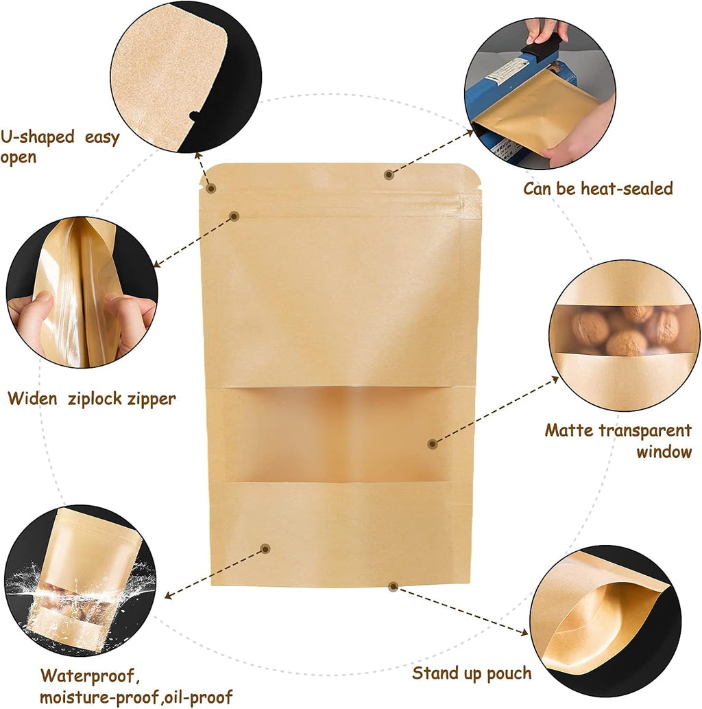 50pcs Kraft Bags with Window 7.1x10 Inches Brown Reusable Sealable Zip Lock Food Storage Stand up Paper Pouches for Home or Business