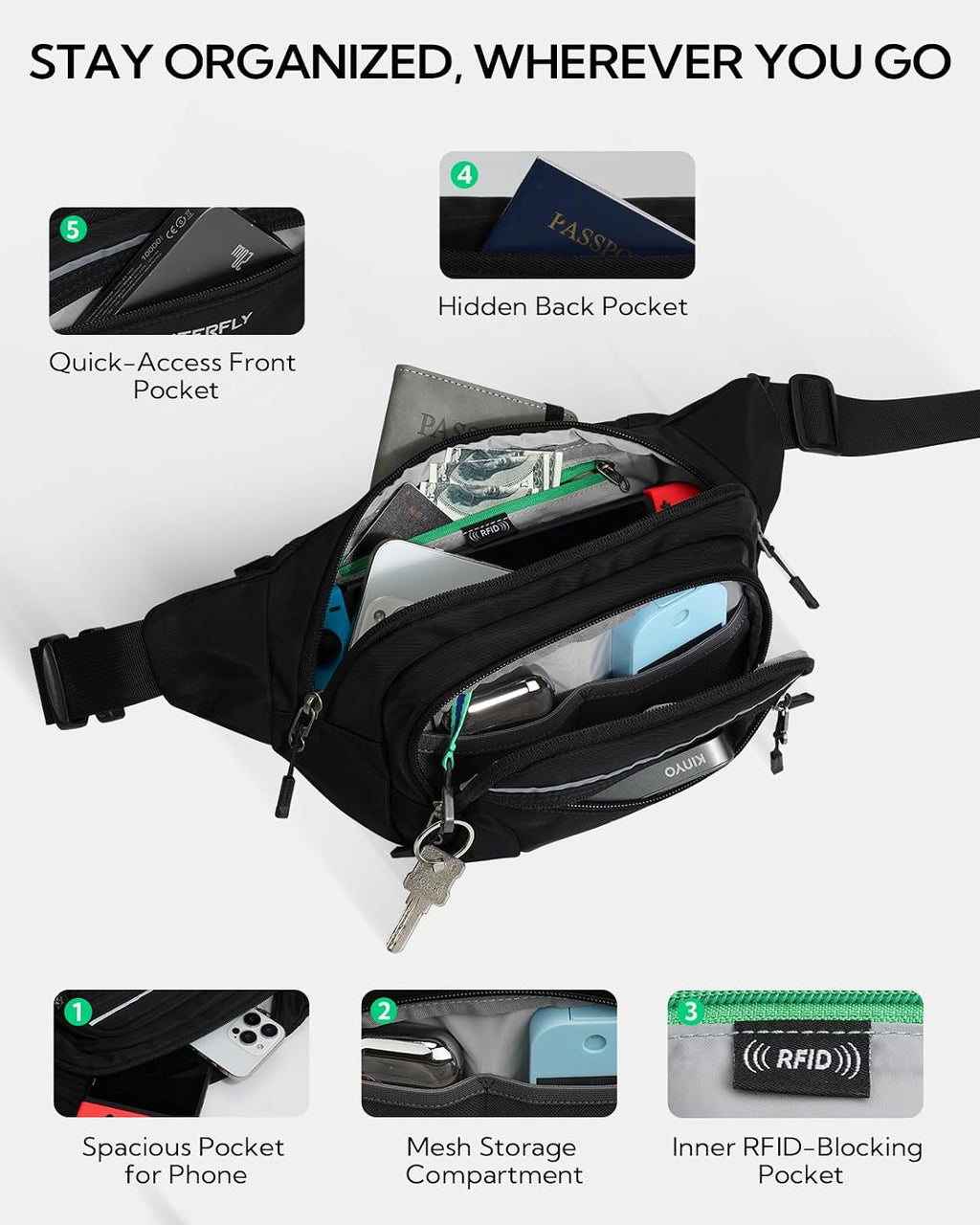 WATERFLY 3.5L RFID Fanny Pack: Anti-Theft 12" Extender Belt for Travel