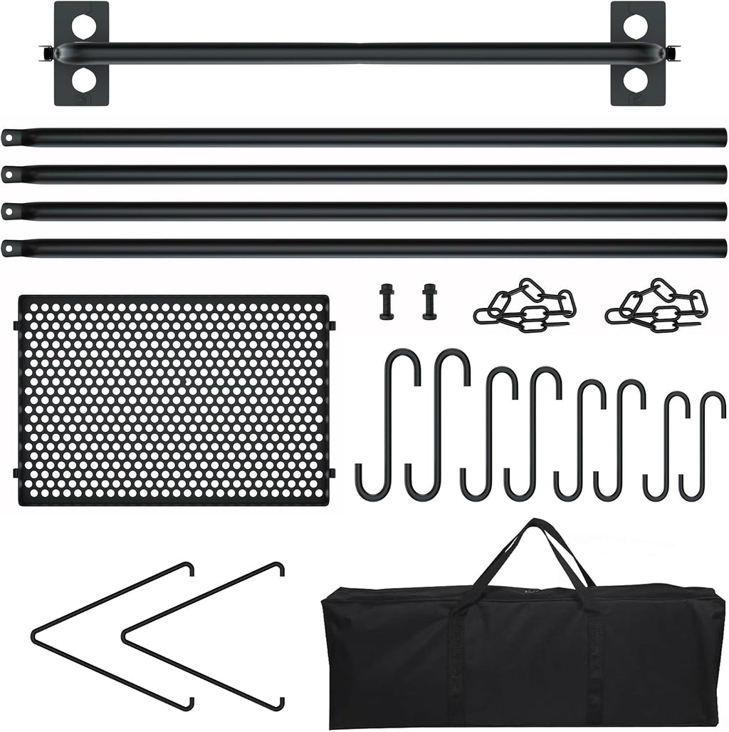 RELIANCER Grill Swing,Campfire Grill Cooking Stand w/8 Hooks & Storage Bag,Cast Iron BBQ Party Swing Grilling Cooking Rack,Outdoor Picnic Camping Cookware Hanging Rack,Collapsible Bonfire Barbecue Set