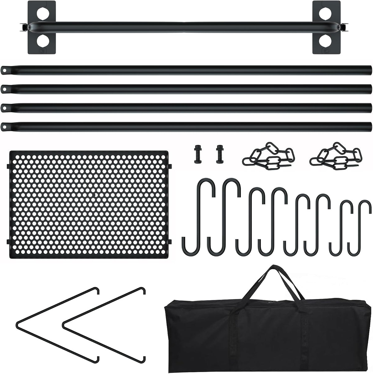RELIANCER Grill Swing,Campfire Grill Cooking Stand w/8 Hooks & Storage Bag,Cast Iron BBQ Party Swing Grilling Cooking Rack,Outdoor Picnic Camping Cookware Hanging Rack,Collapsible Bonfire Barbecue Set