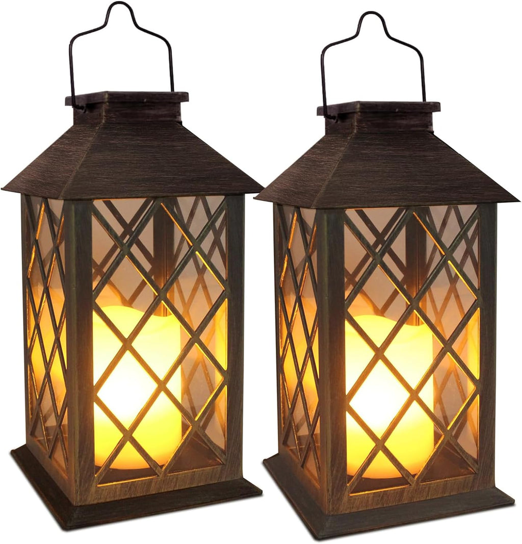SHYMERY Solar Lanterns Outdoor Waterproof, 14 Inch Outdoor Lanterns with LED Flickering Flameless Candles,2 Pack Hanging Black Lantern Decorative for Patio,Front Porch,Balcony,Outside,Table Decor