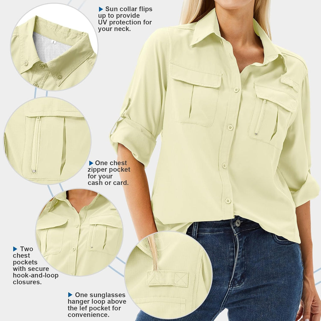 Women's UPF 50 Long Sleeve Sun Protection Safari Fish Hiking Shirts