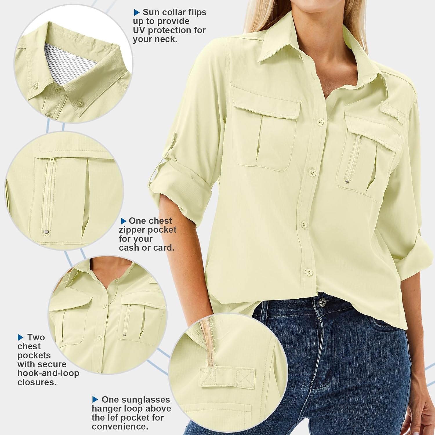 Women's UPF 50 Long Sleeve Sun Protection Safari Fish Hiking Shirts
