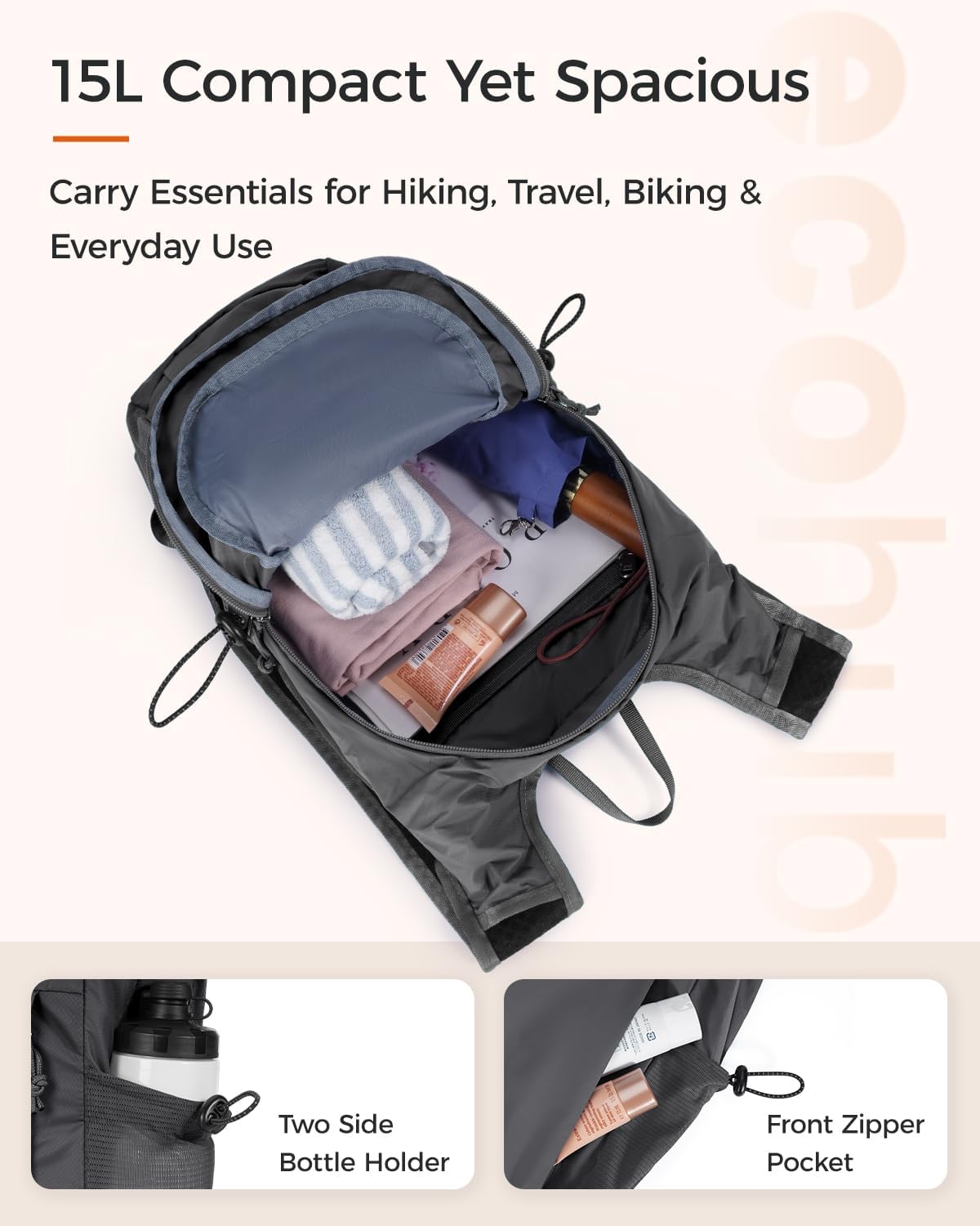 ECOHUB Small Hiking Daypacks Men 15L Lightweight Backpack for Travel Grey