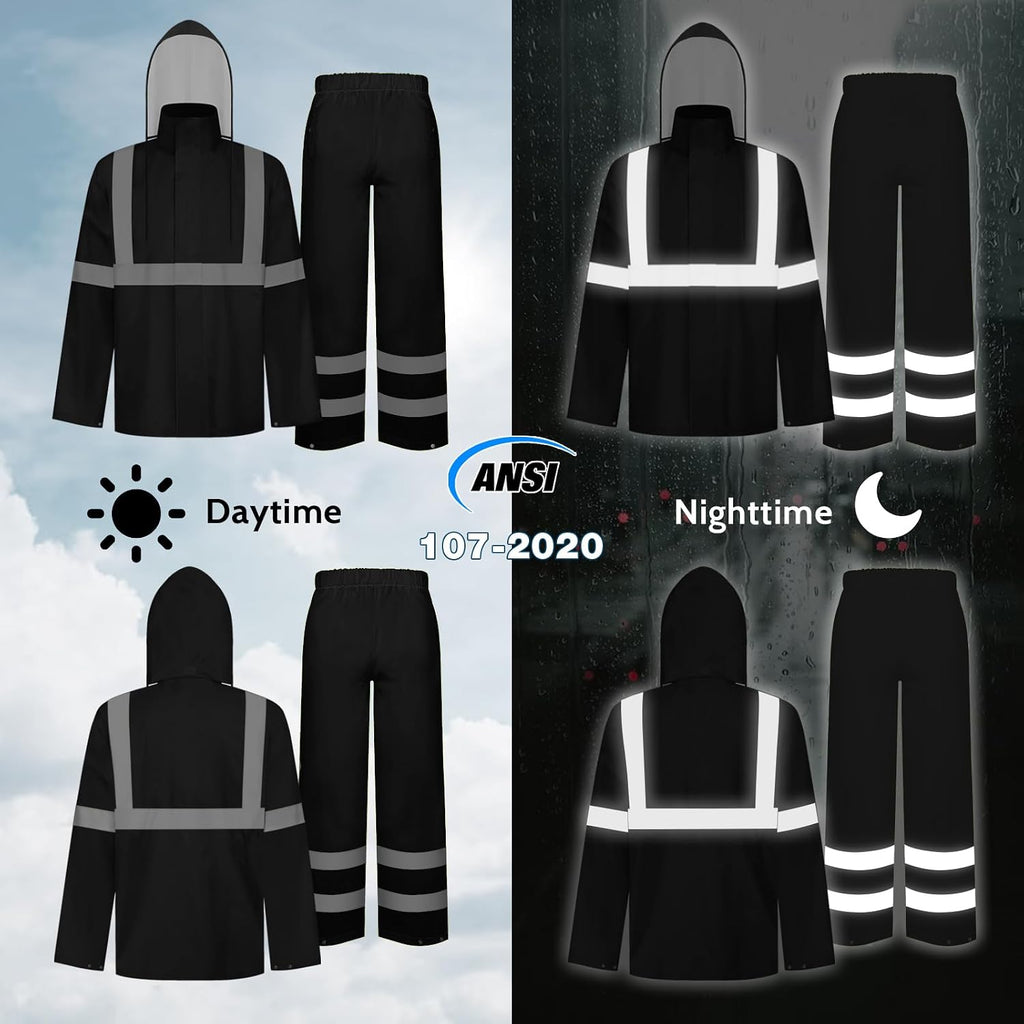 TCCFCCT Hi Vis Jacket and Pants Rain Suit - Waterproof, High Vis Rain Coat with Hood, Safety Work Class 3 Reflective - L-XL Black WP