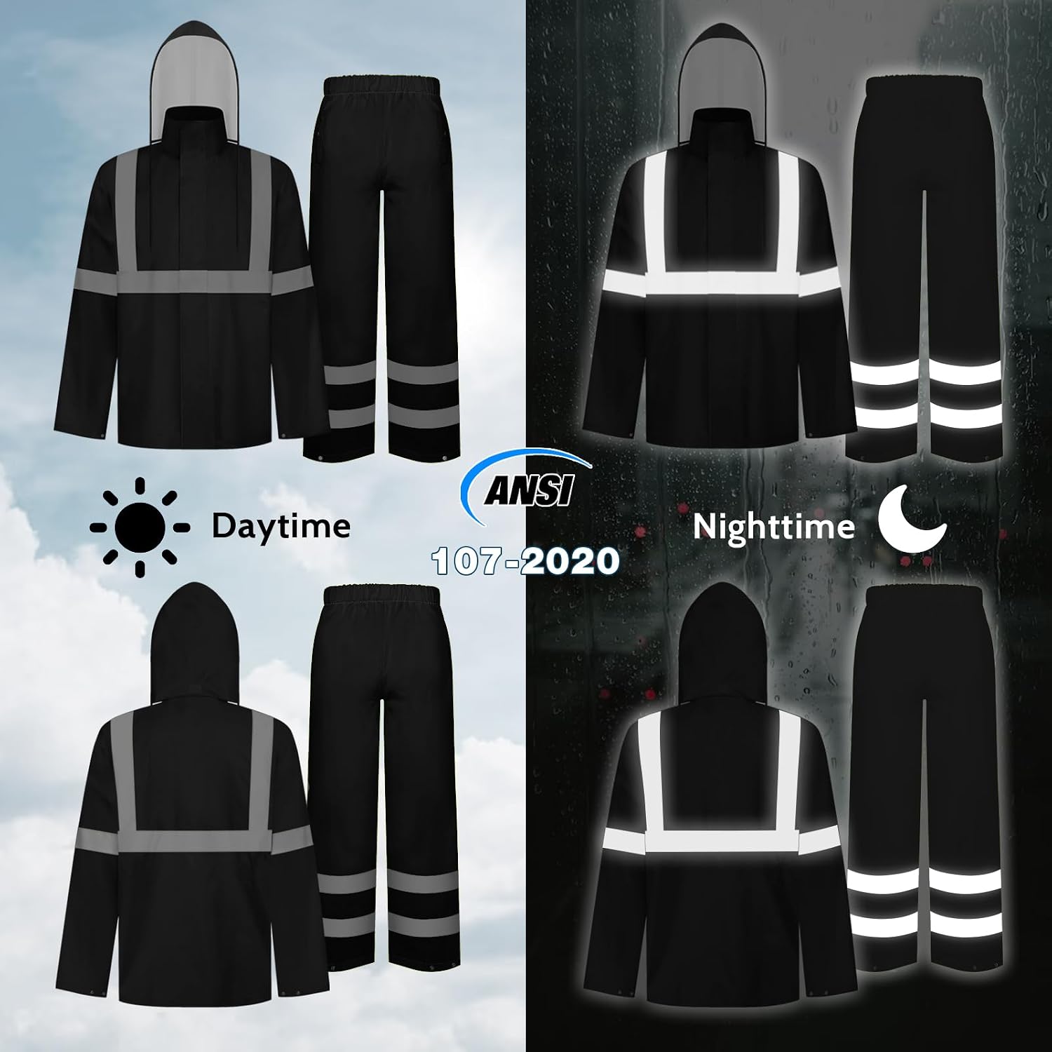 TCCFCCT Hi Vis Jacket and Pants Rain Suit - Waterproof, High Vis Rain Coat with Hood, Safety Work Class 3 Reflective - L-XL Black WP